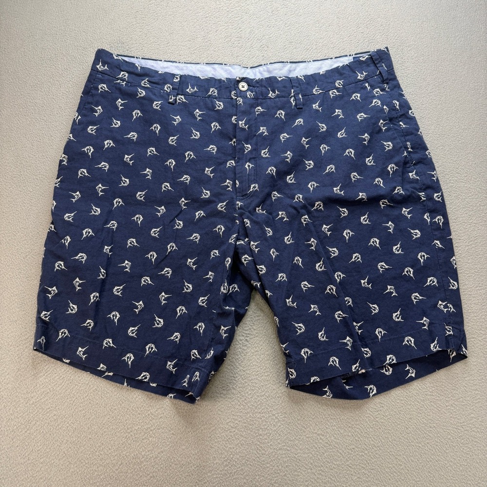 Polo Ralph Lauren Classic Fit Marlin Fish Shorts Mens 38 Navy Blue Linen Cotton